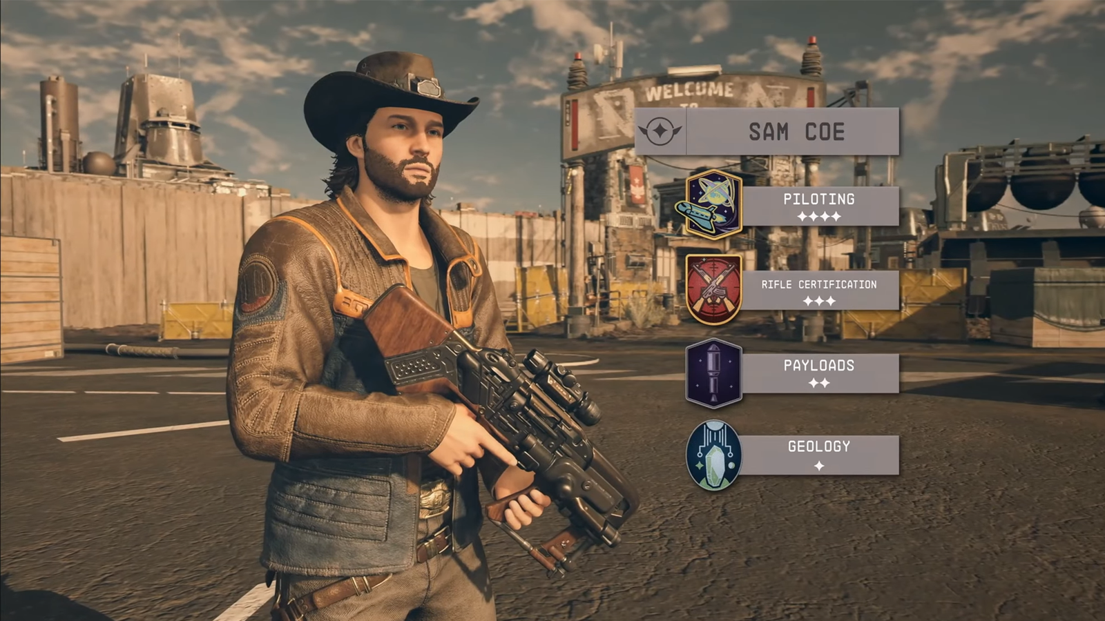Starfield character Sam Coe in cowboy gear holding a gun