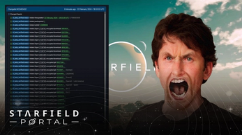 An artificially altered Todd Howard screaming, superimposed on concept art from Starfield.