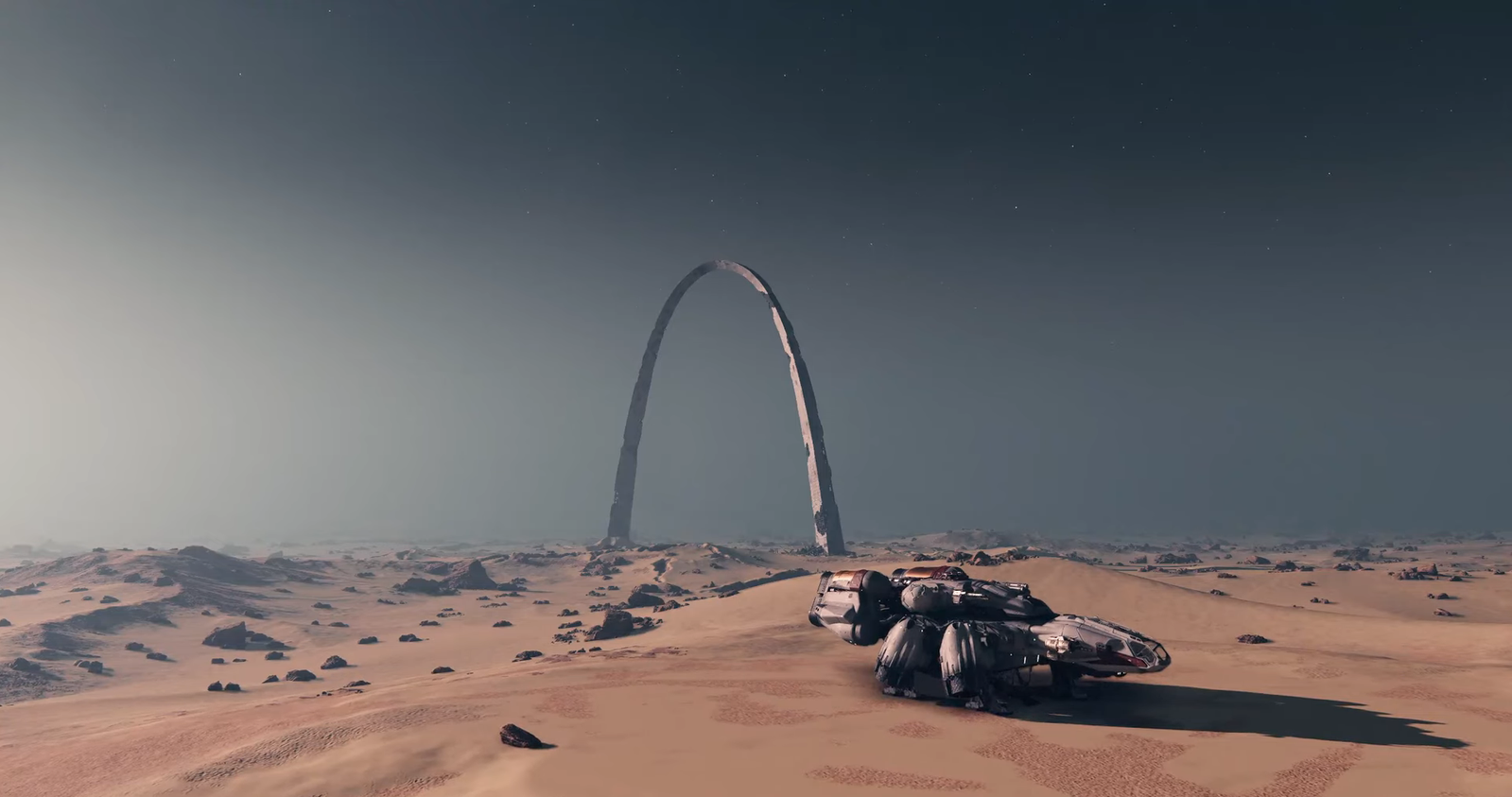 The remains of the Gateway Arch, St Louis, on Earth in Starfield, with the player's ship in the foreground.