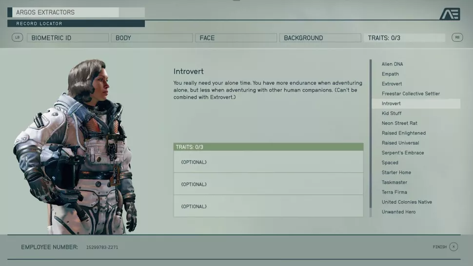 Starfield's character creation screen, showing the Introvert trait