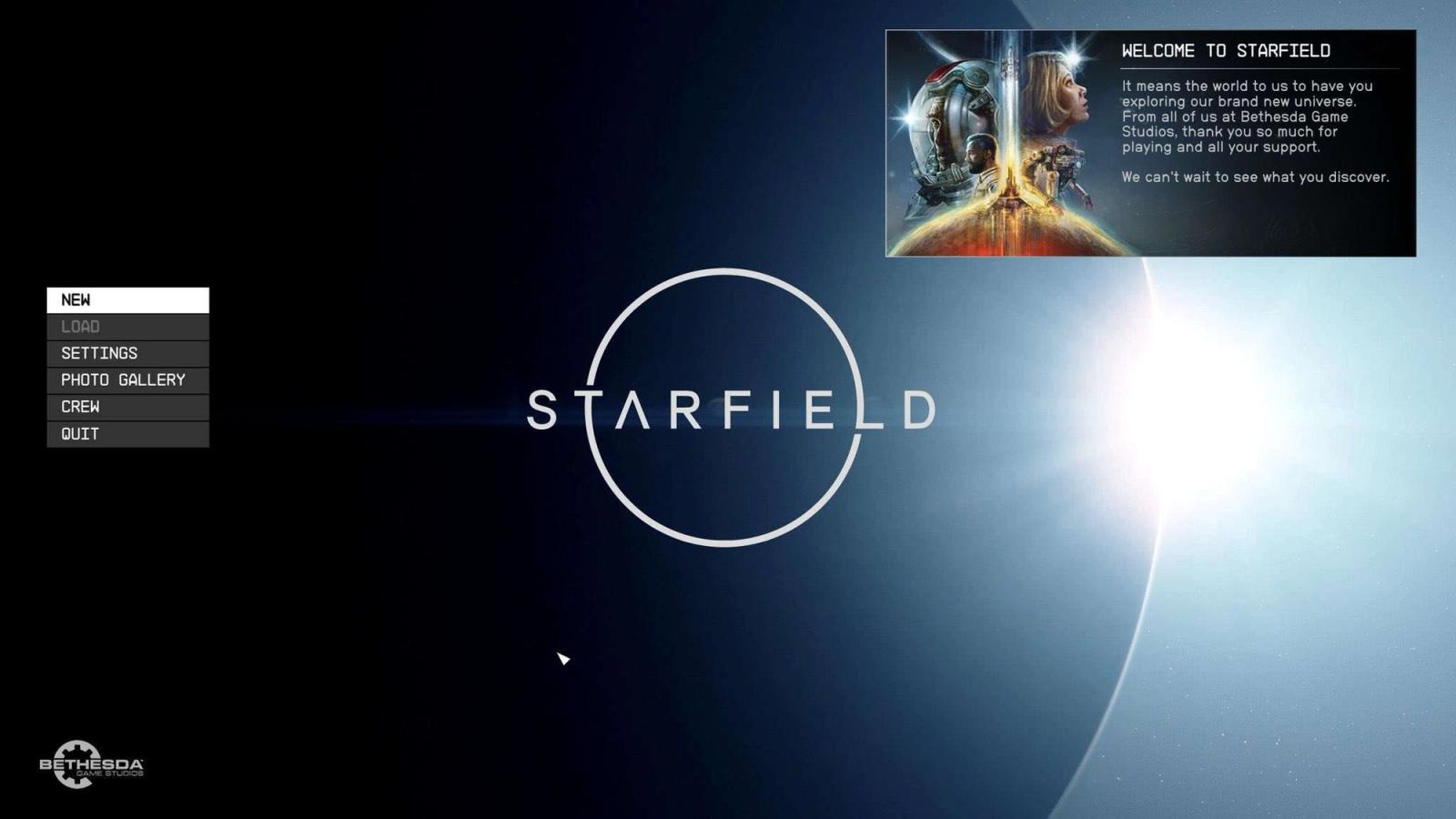 The start screen for Starfield
