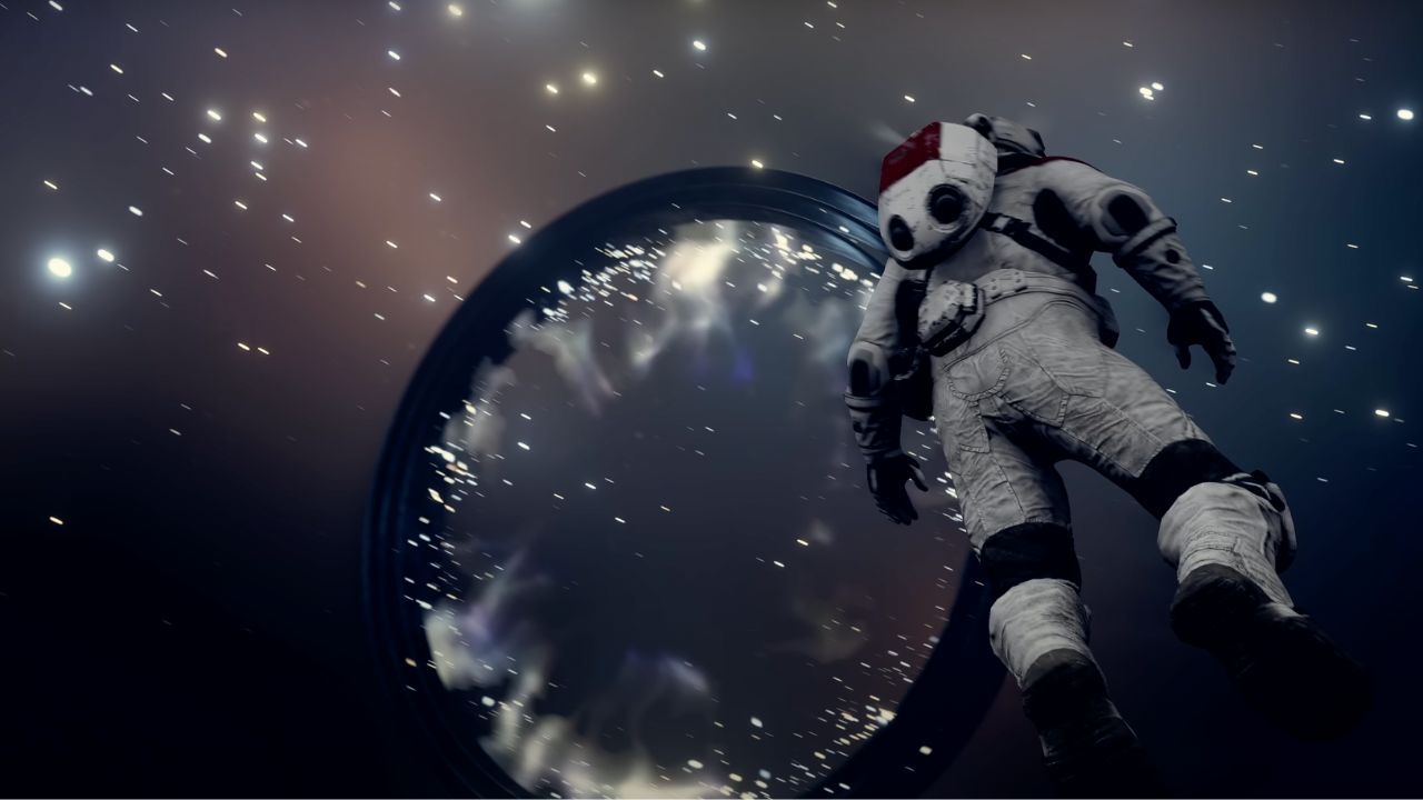 A cosmonaut floats towards a portal in space
