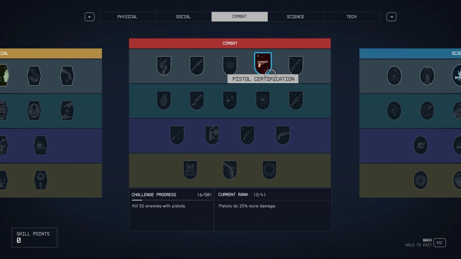 starfield skill tree for combat with pistol certification