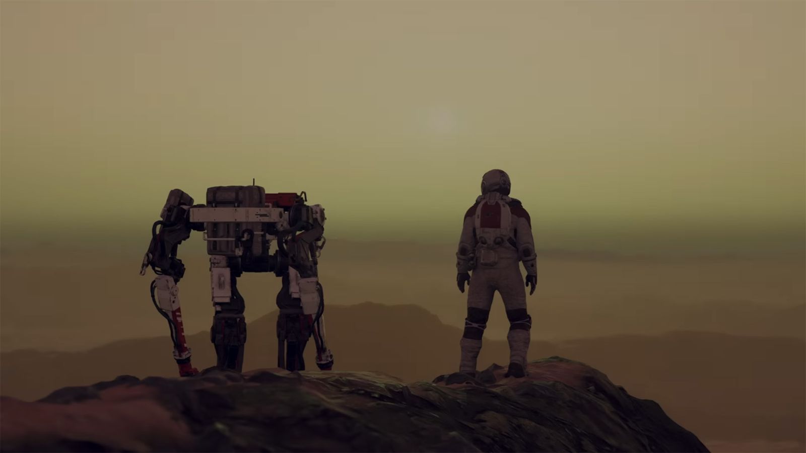 An explorer looks out upon a planet with a mech robot companion