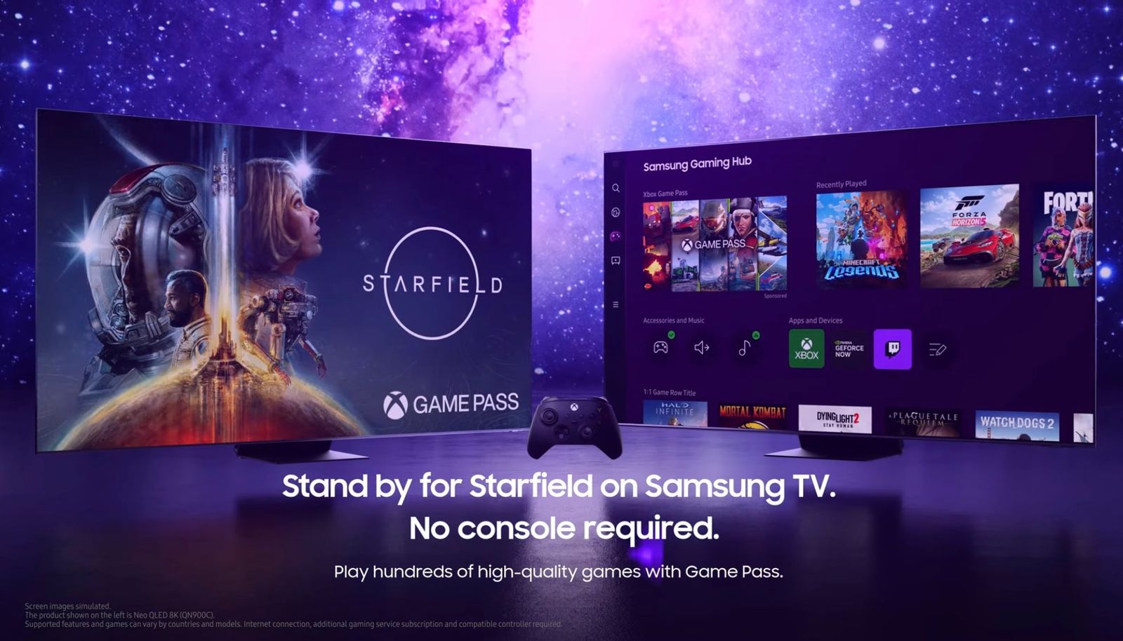 Samsung televisions are shown playing starfield via game pass