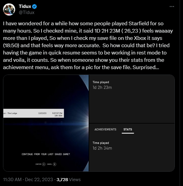 starfield playtime discrepancy between save file and xbox