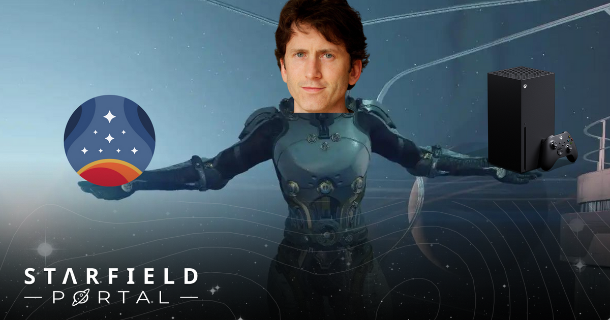 todd howard on starborn body holding an xbox and constellation logo