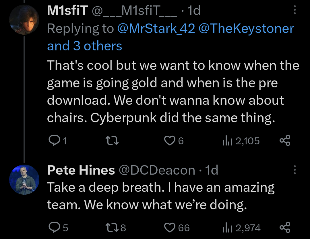 An exchange between a fan and Peter Hines head of publishing for Bethesda