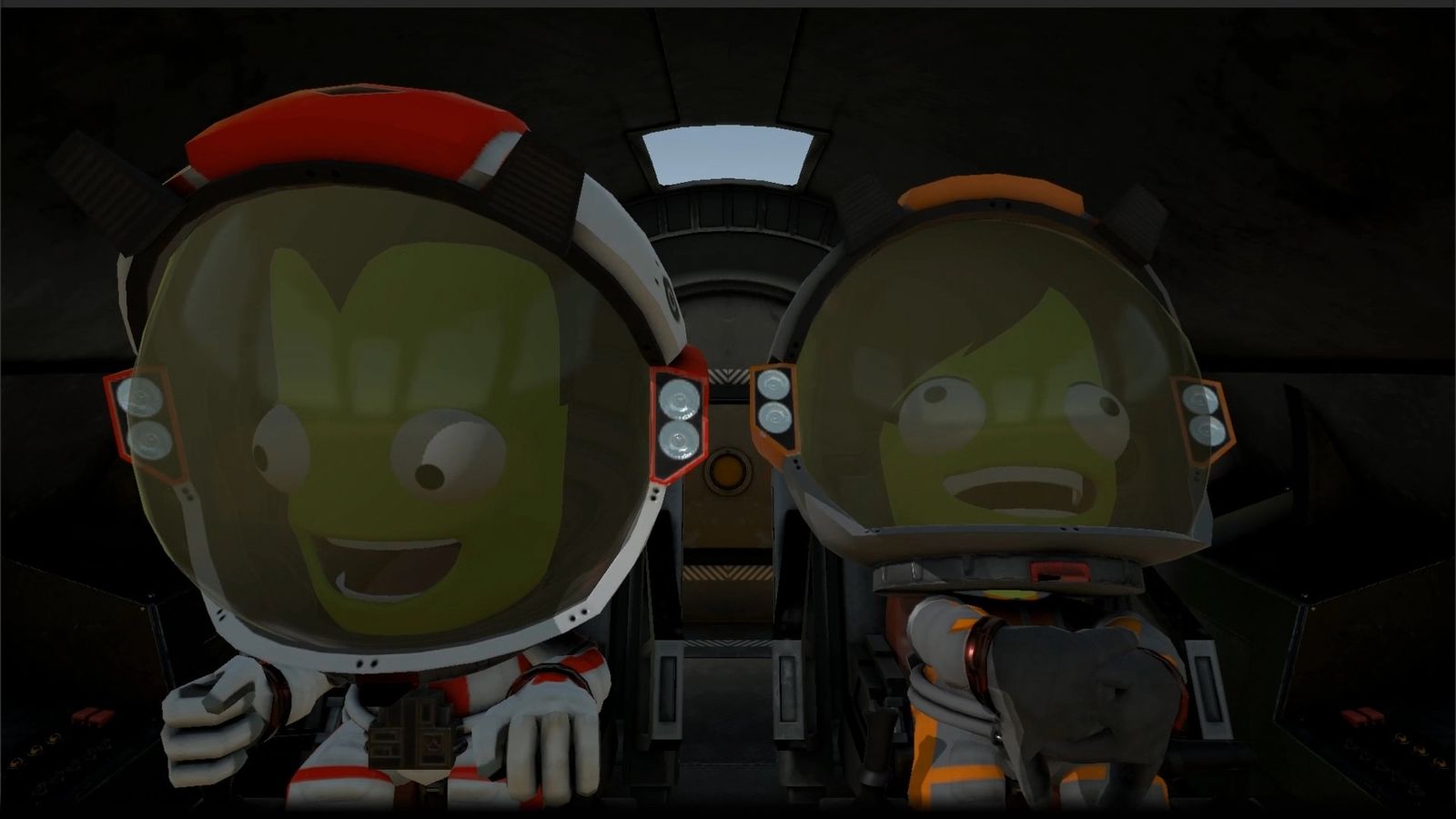 Two kerbal astronauts steering a spaceship