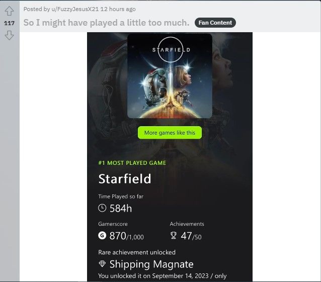 Starfield Player Reveals 584 Hours In Xbox