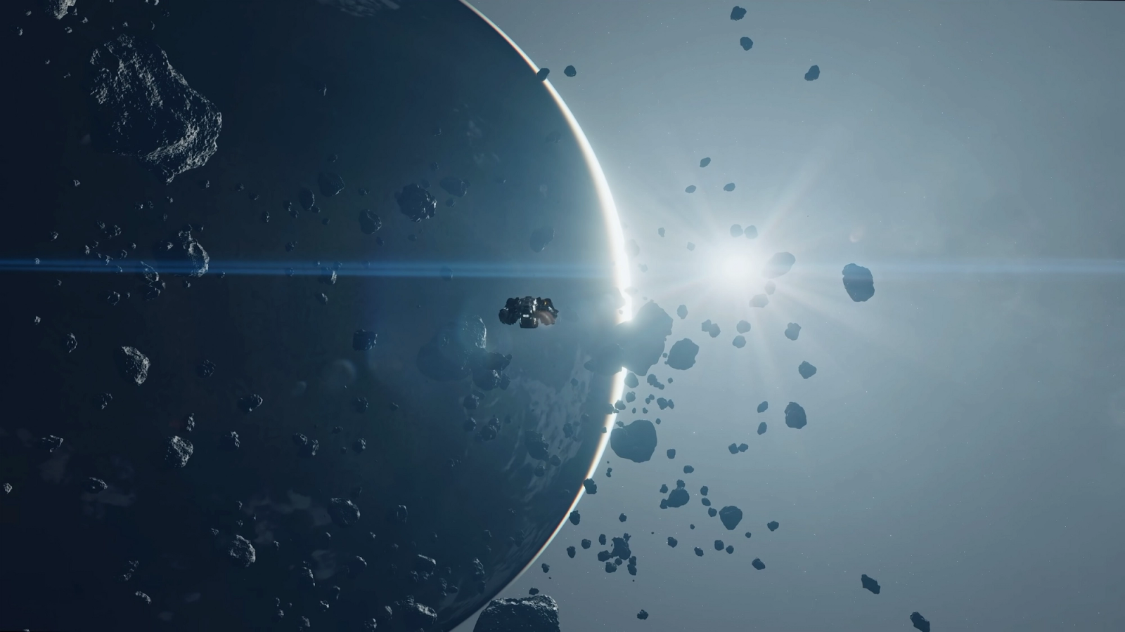 A spaceship flies through a debris field, a planet in the background. 