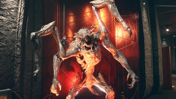 starfield terrormorph of kreet standing on two legs with arms raised in yellow lighting outside door