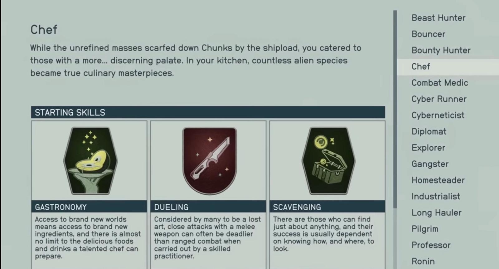 Chef background info displaying traits gastronomy, dueling and scavenging