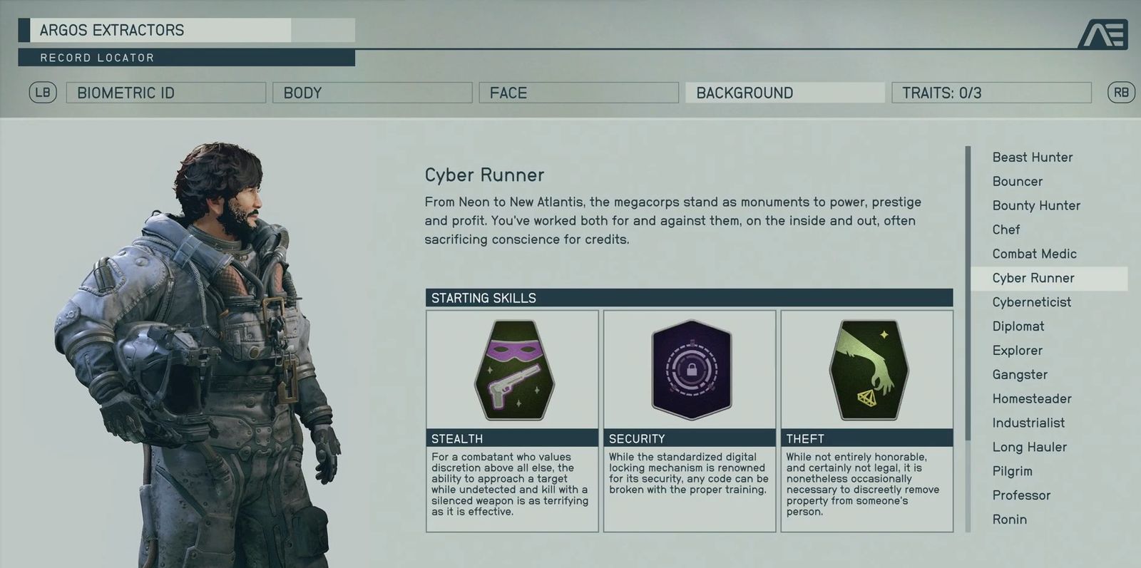 Starfield's character creation screen, showing the Cyber Runner background