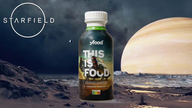 A bottle of yfood Starfield edition sits on a planet