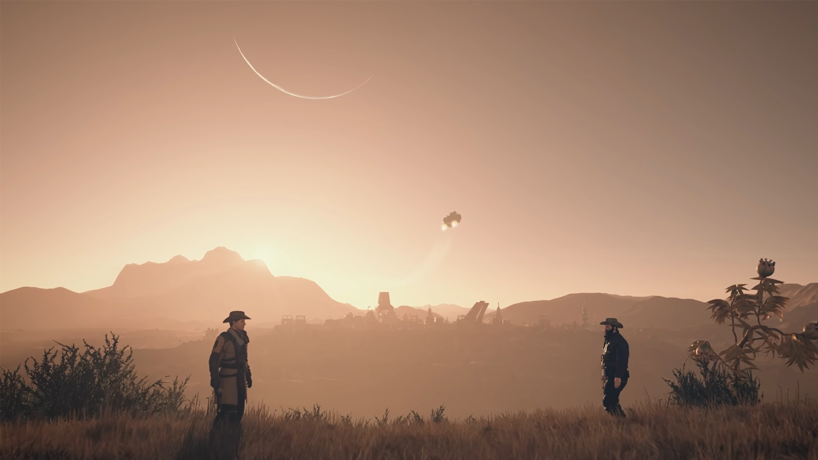 A screenshot from Starfield showing to backlit men wearing stetsons. The terrain looks rugged yet habitable.