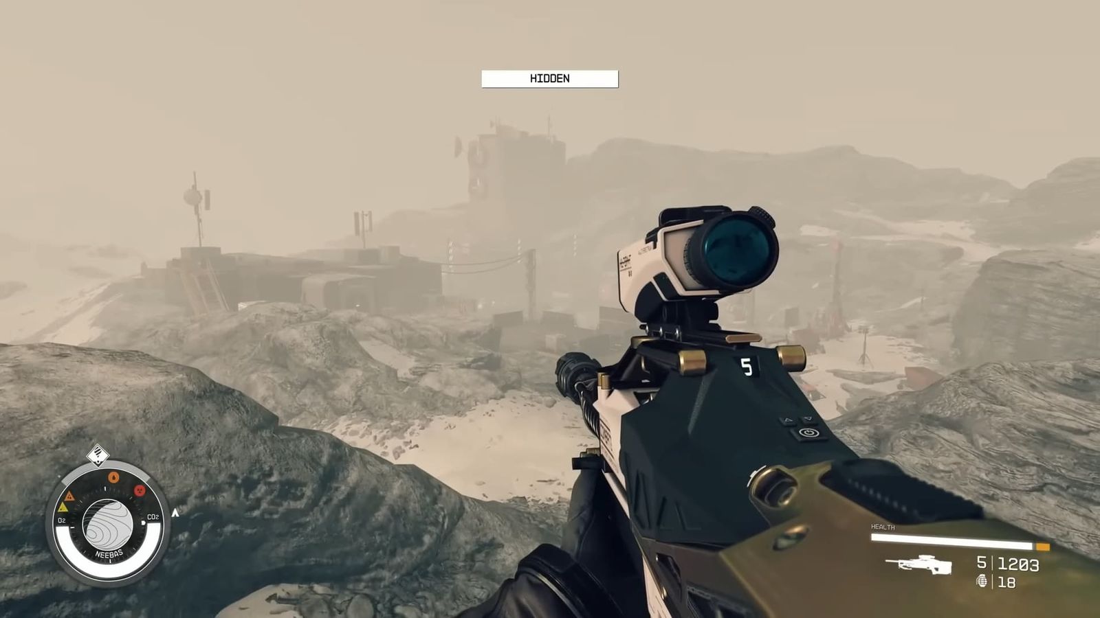 Player holds a sniper rifle hidden above a building