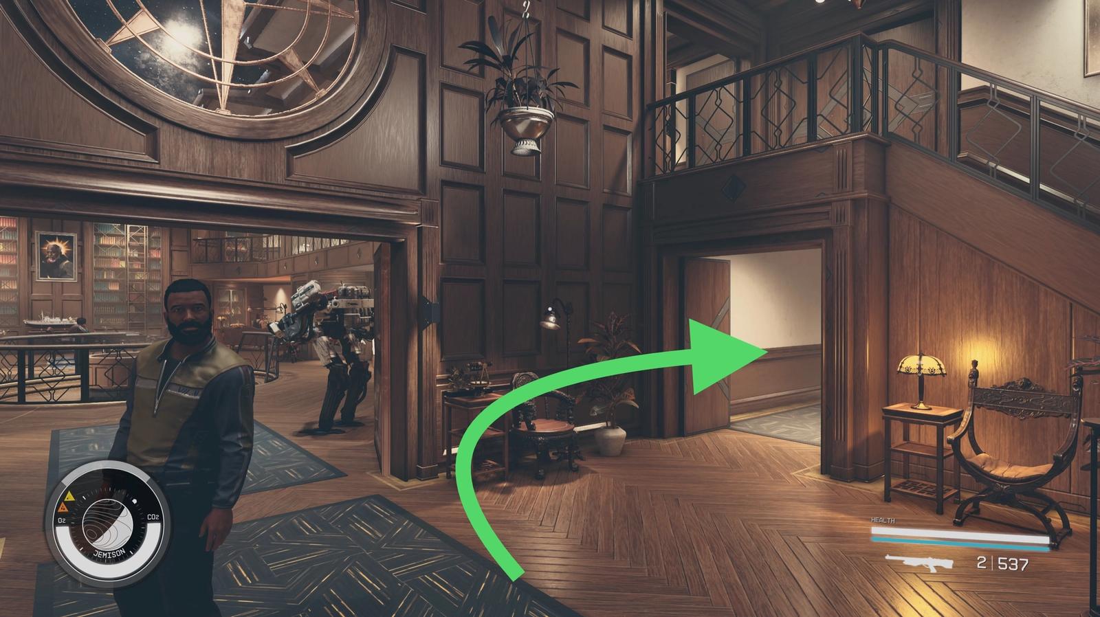 arrow pointing to the open basement door