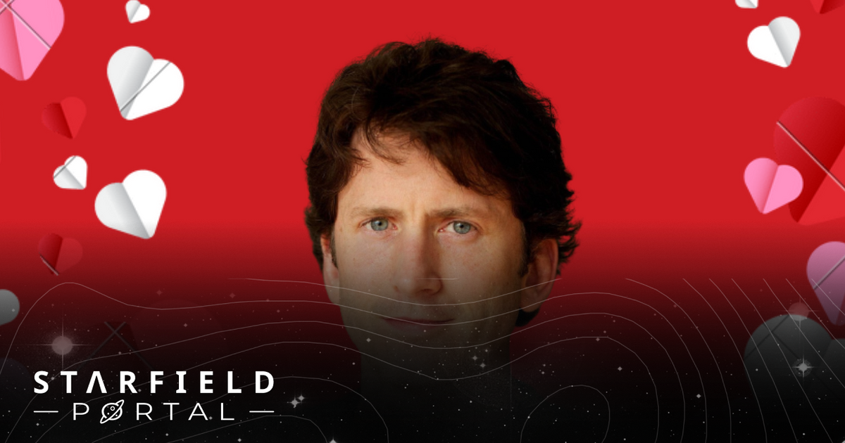 Bethesda's Todd Howard superimposed over a image featuring hearts