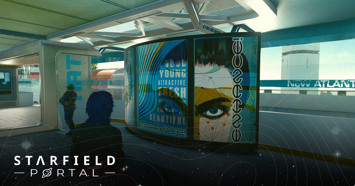 starfield player standing in front of enhance advertisement