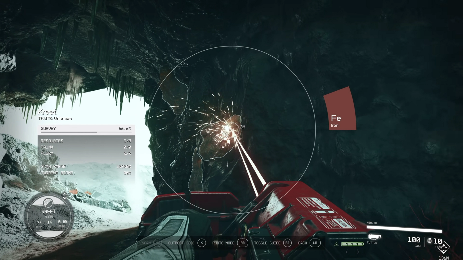 Starfield gameplay. The player is using a mining laser to mine iron from a deposit on a cave wall. 