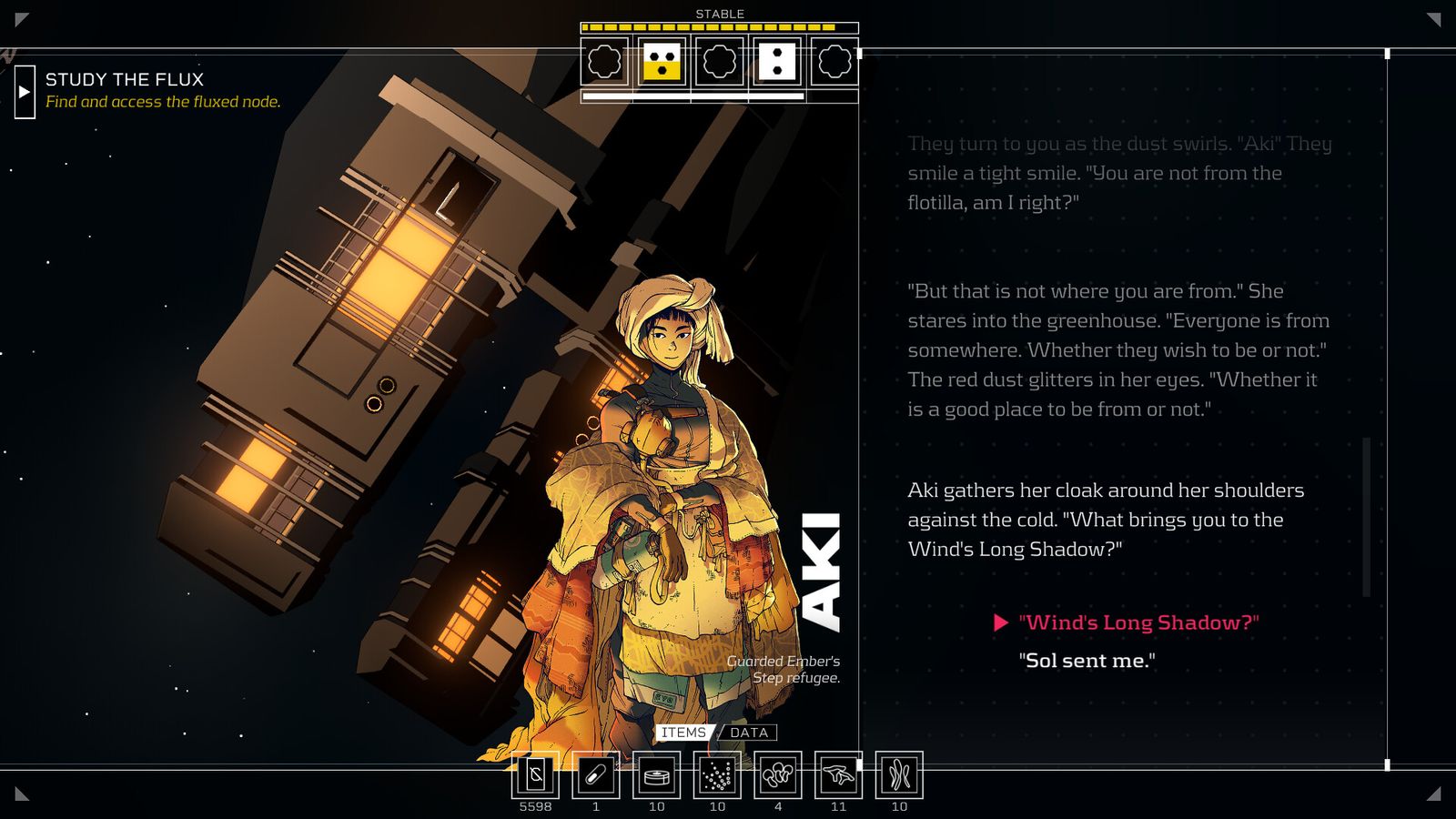 a gameplay screen from citizen sleeper showing the character Aki