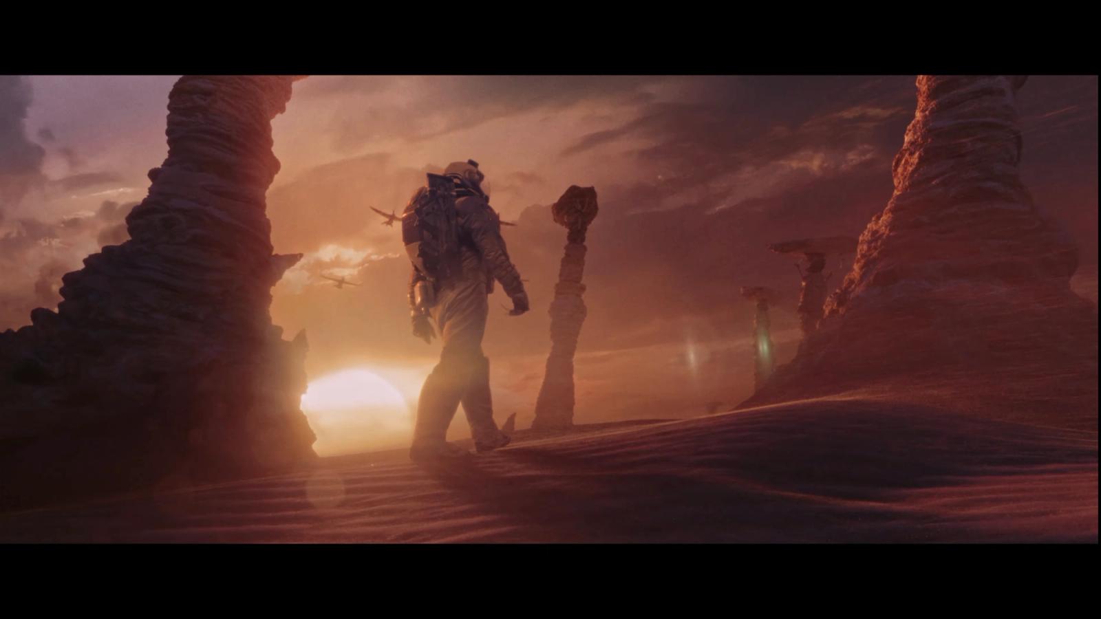 An explorer walks through a sun lit planet