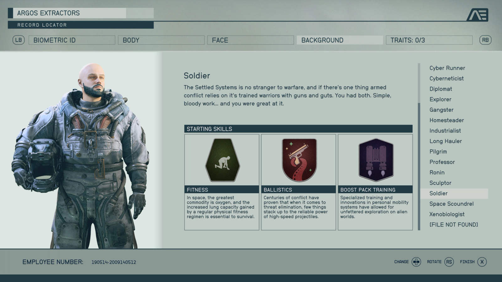 starfield soldier background with description and starting skills