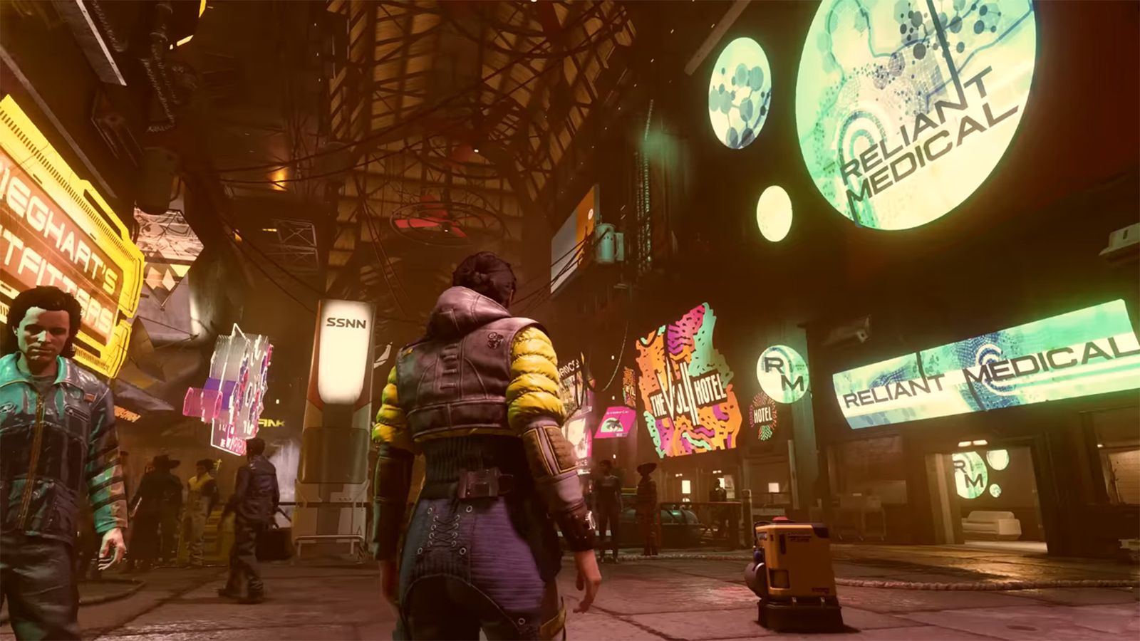 the player stands in neon city