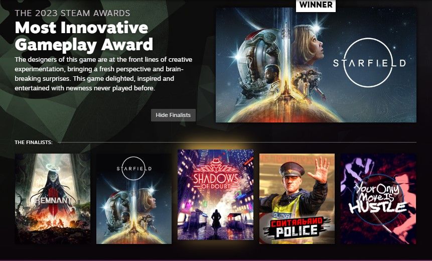 Starfield Steam's Most Innovative Gameplay Award Choice