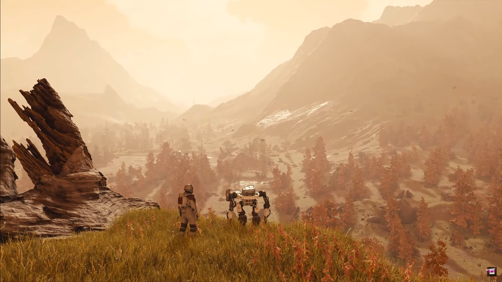 Player and vasco robot look across a planets wilderness