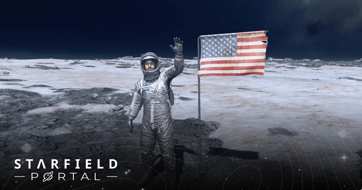 starfield apollo moon surface US flag with astronaut waving