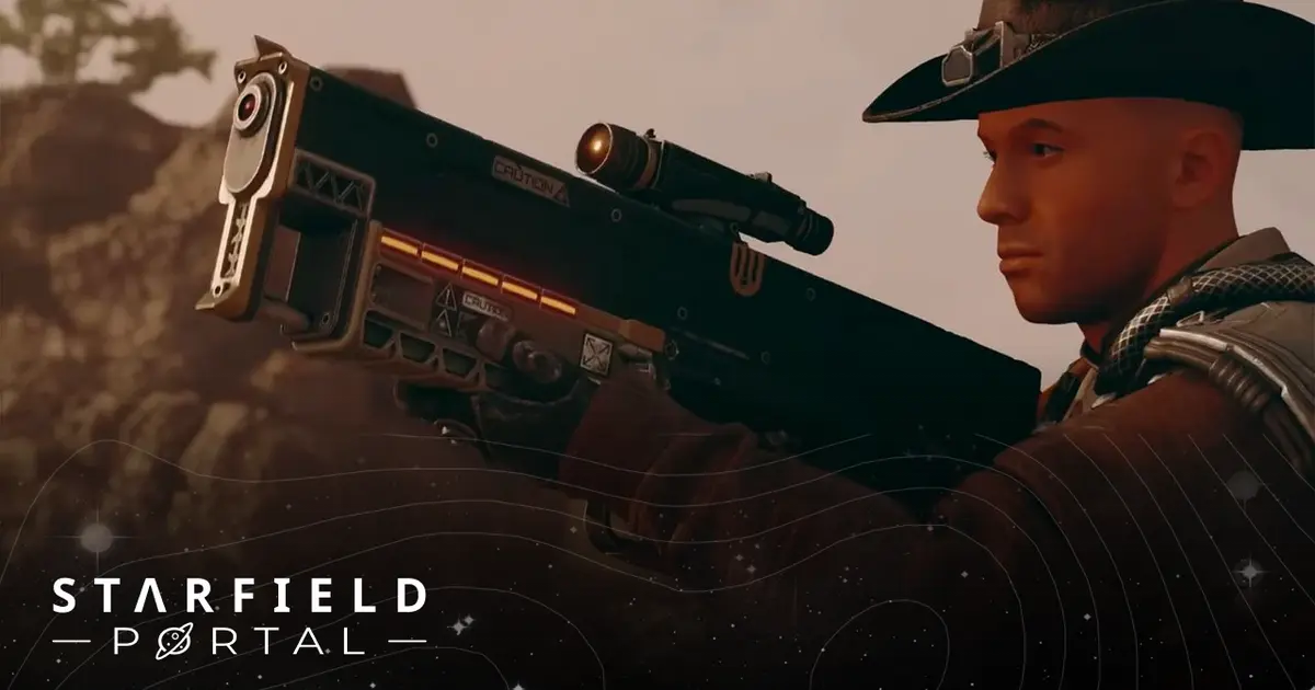 A screenshot of a Bounty Hunter from a trailer for Starfield. 