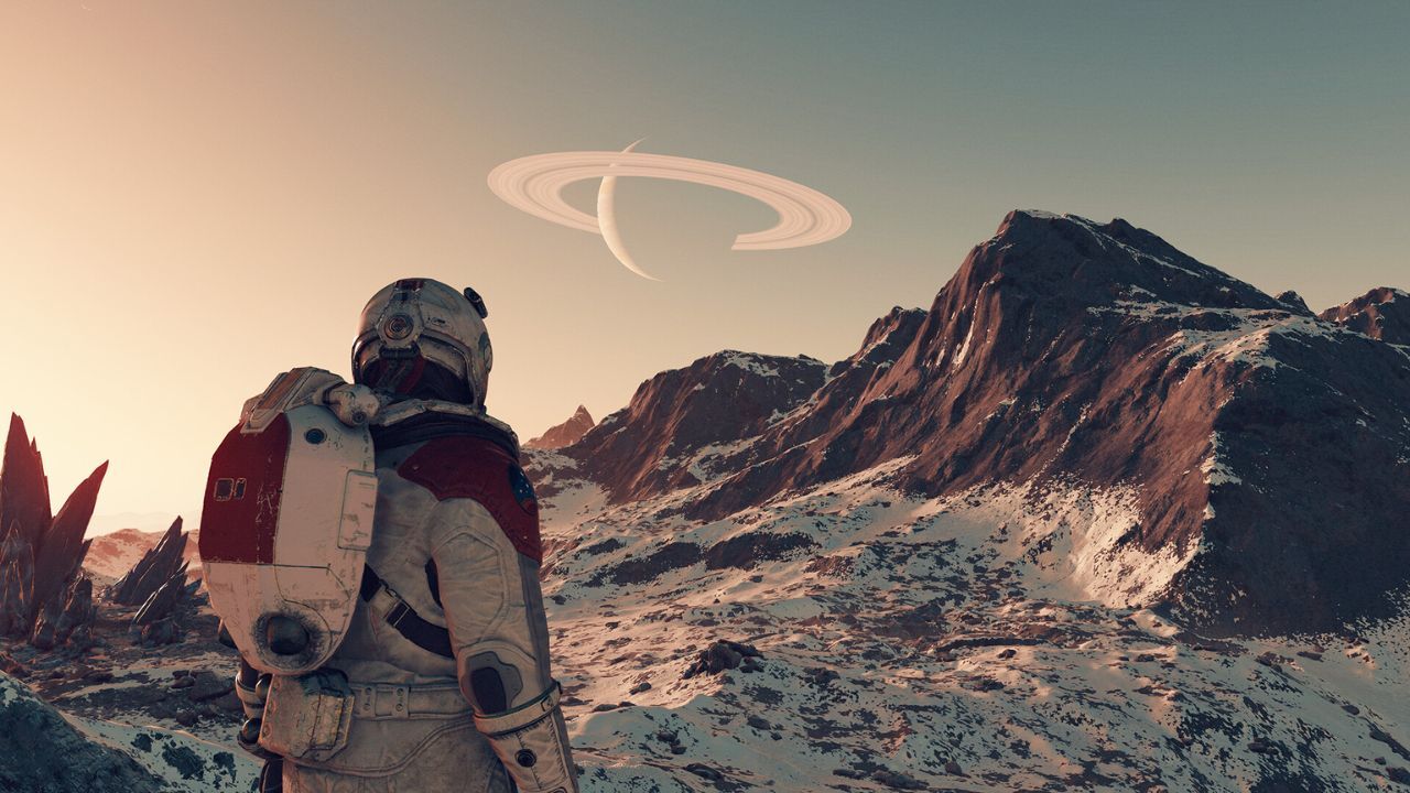 an astronaut looks out at snow covered hills on a planet