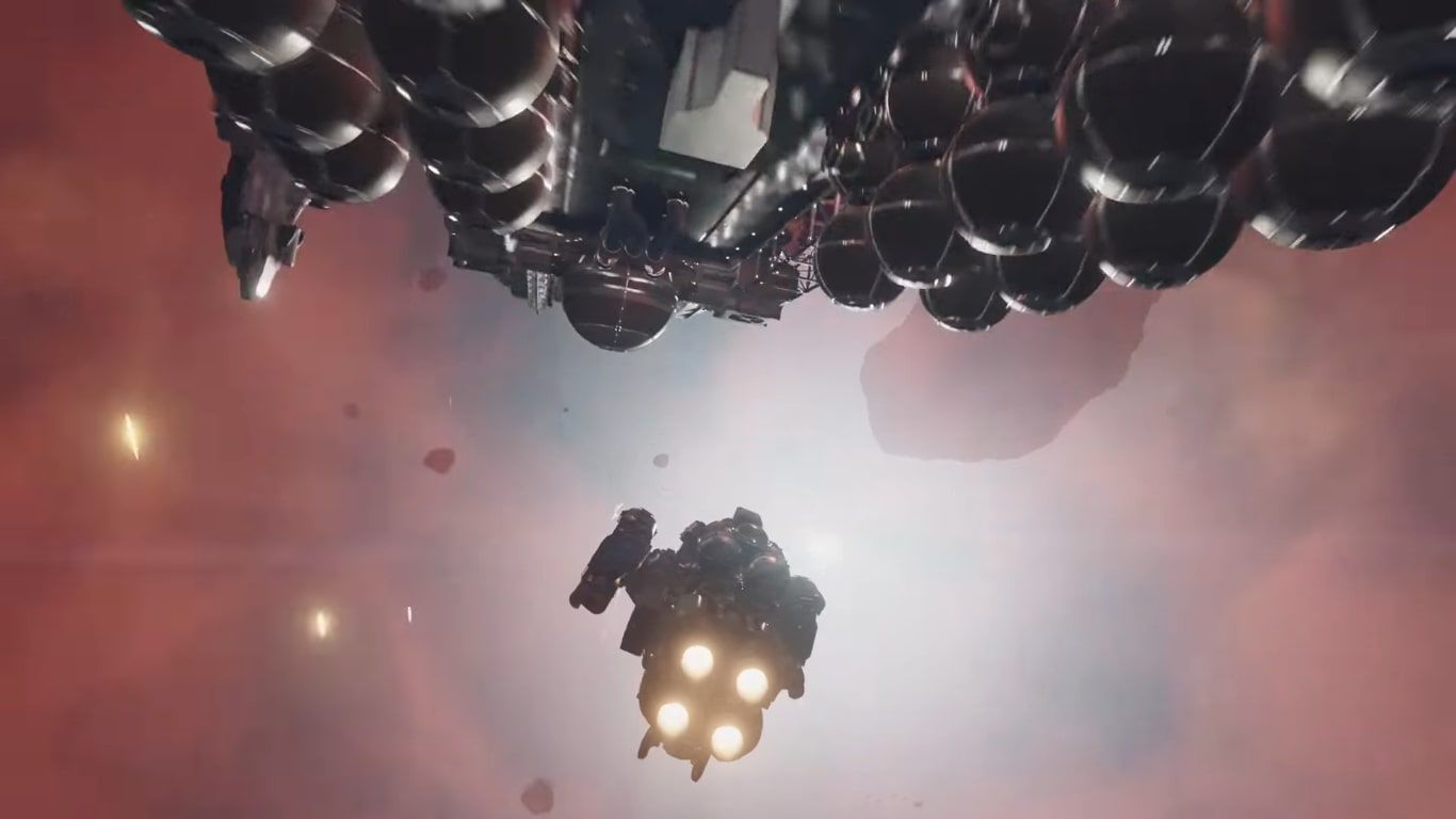 A screenshot of a flying ship from the Starfield trailer.