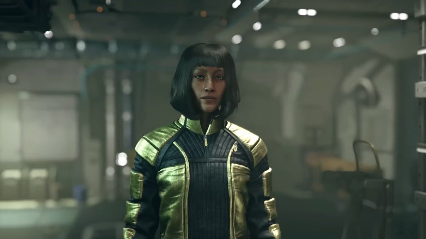 Starfield created character in shiny gold and black jacket