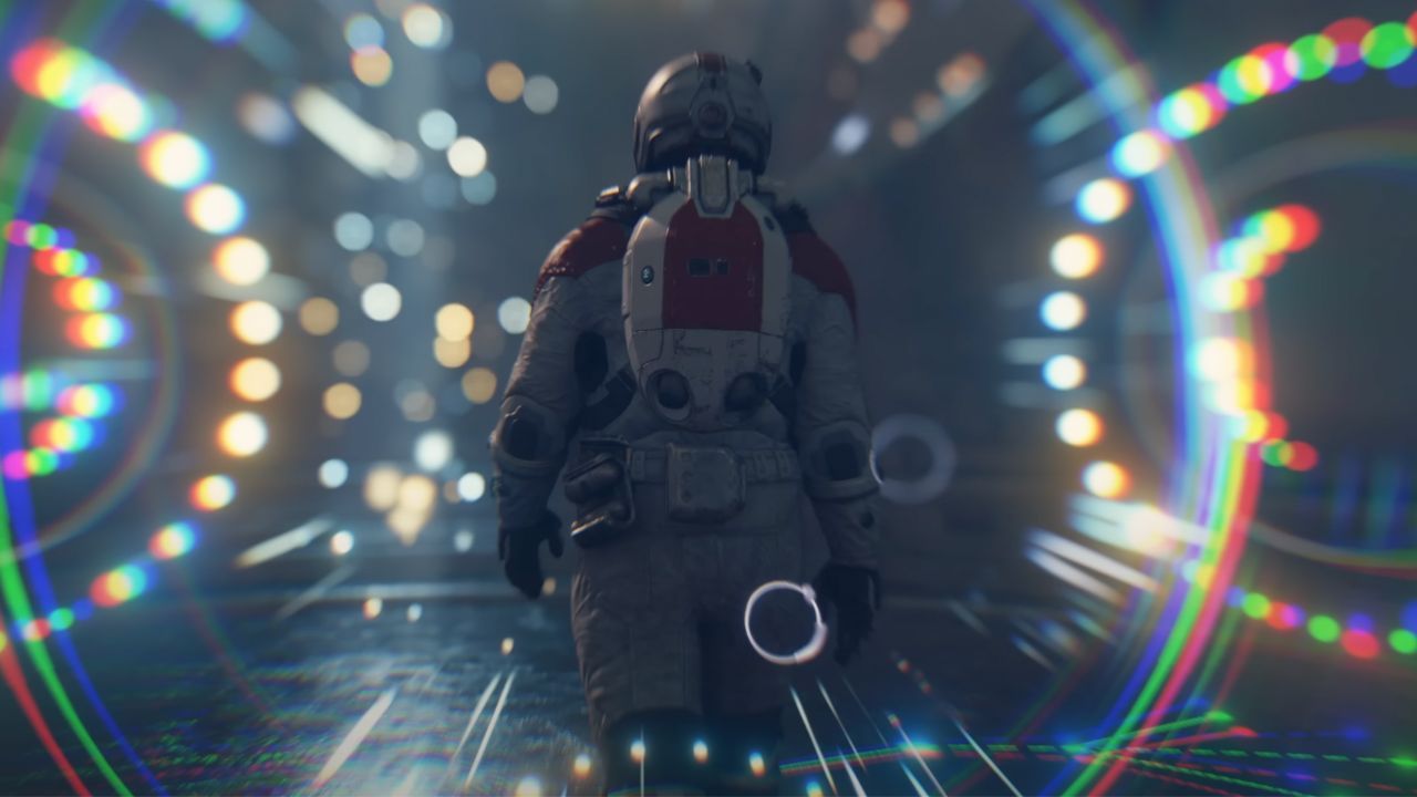 A cosmonaut walks in a strangely lit place