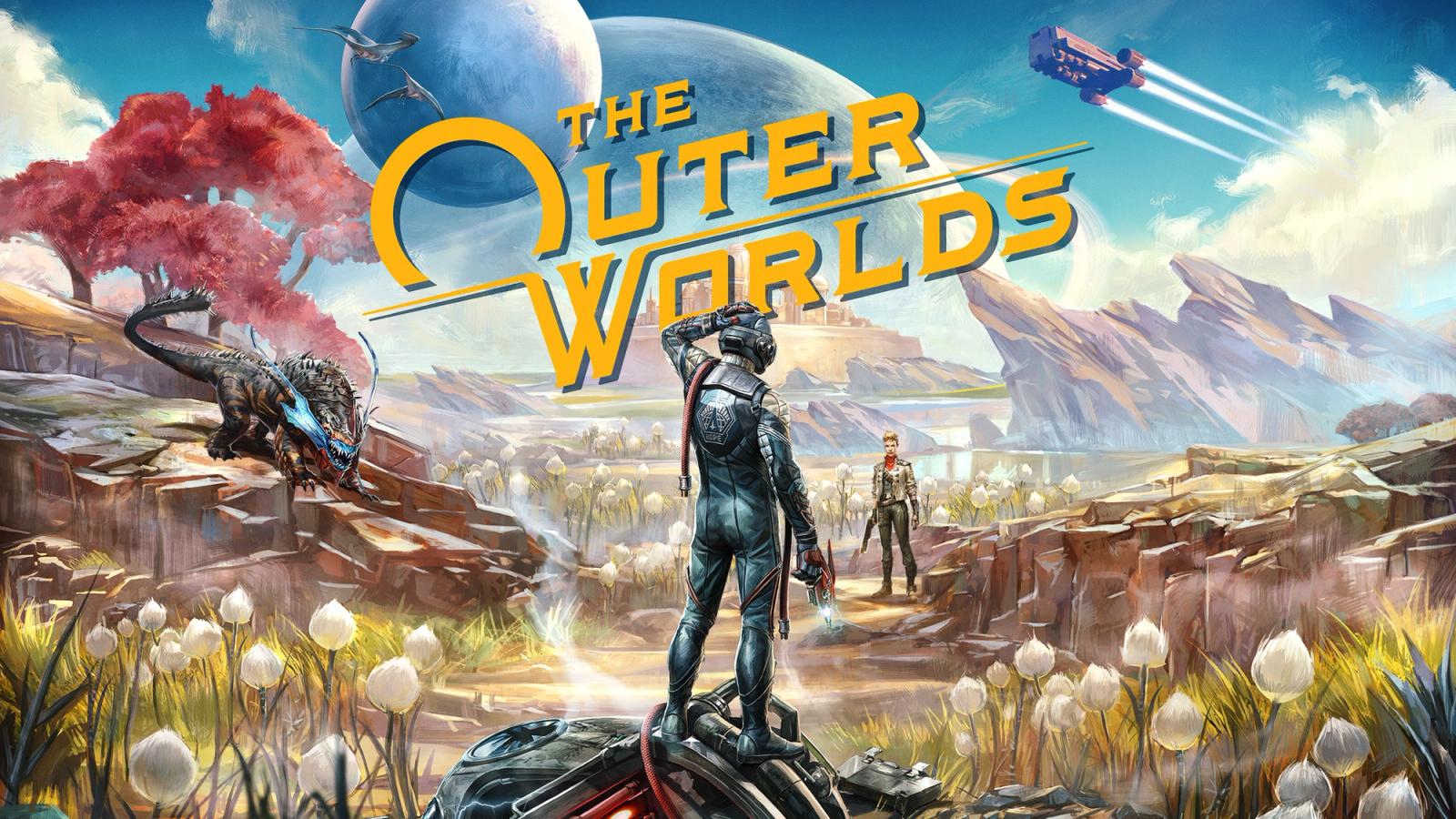 the boxart for the outer worlds player looks out on a busy world