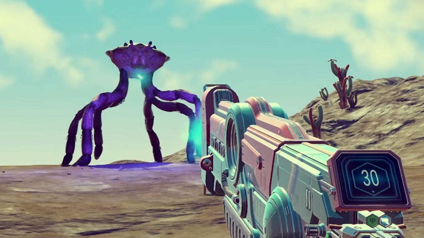 no man's sky combat with gun pointing at giant crab alien