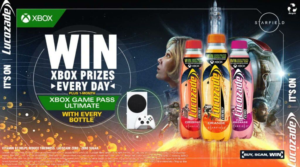 An advert with Starfield branded lucozade bottles