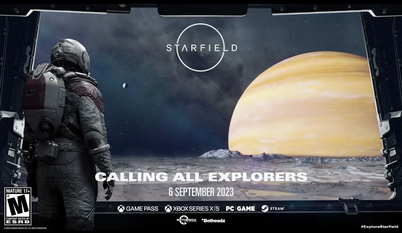 An explore starfield sign, astronaut looks out at a planet