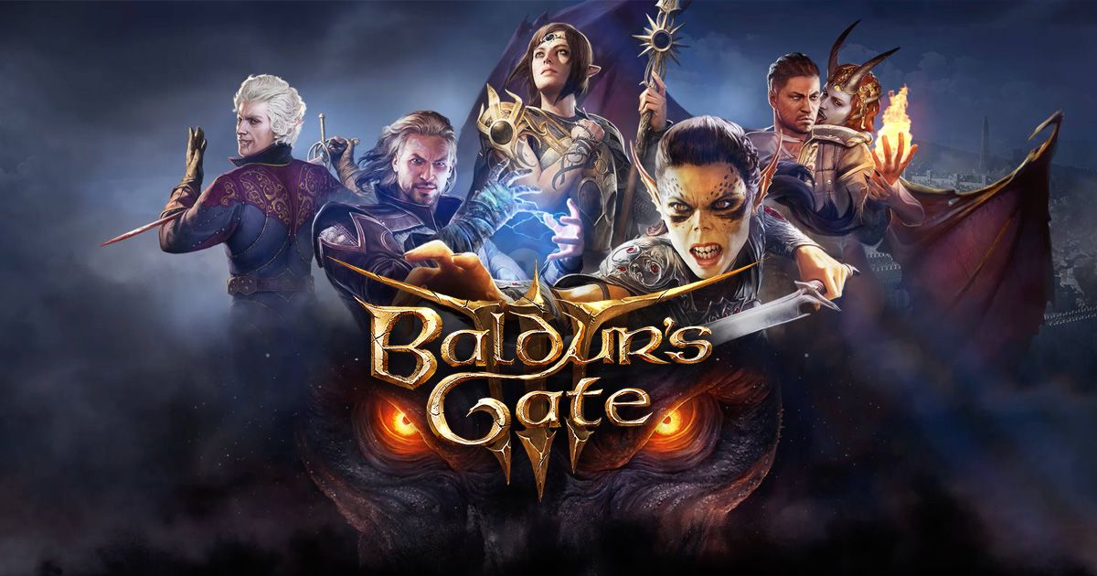 Several RPG fantasy characters around the baldurs gate 3 logo