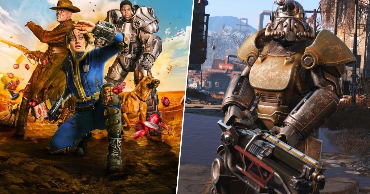 A split image of the Fallout Season 1 poster and in-game character