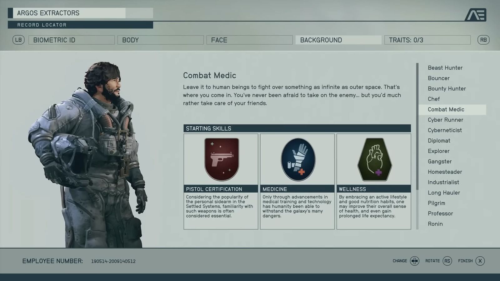 Combat medic info card is shown as a background option for your character