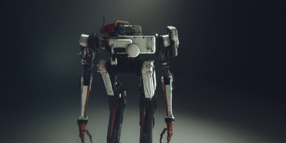 A mech robot stands ready