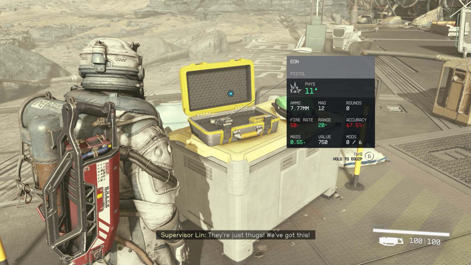 player next to a crate containing the eon pistol