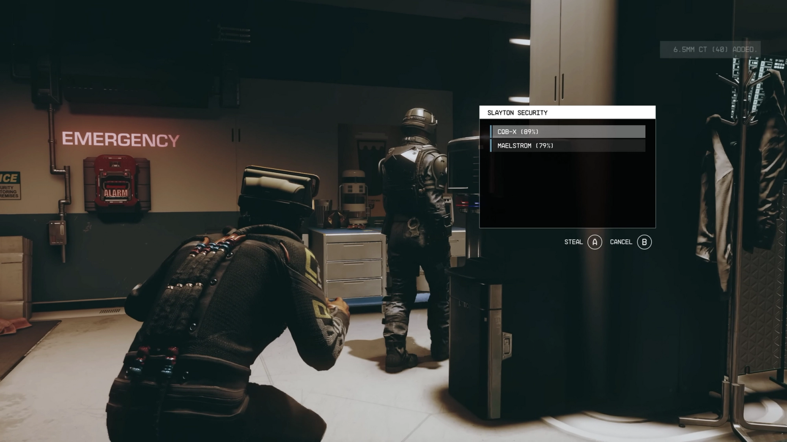 Starfield gameplay, showing the player character pick-pocketing an NPC
