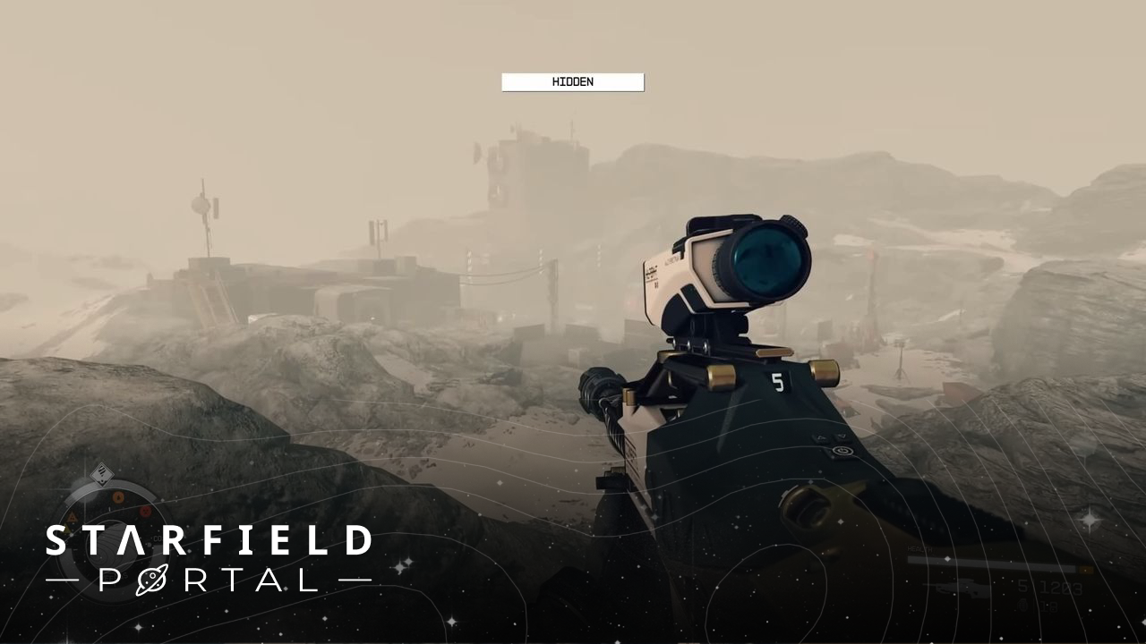 Starfield gameplay, showing the player character holding a sniper rifle.